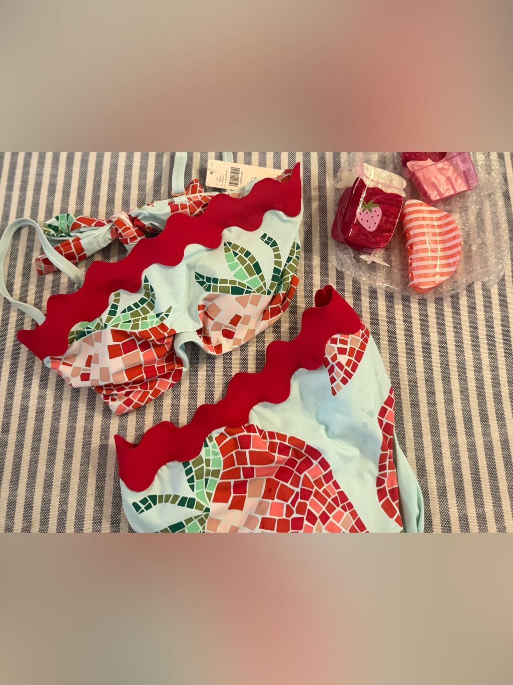 Anthro Strawberry Strapless Bikini Set ( Xsmall) With Strawberry Hair Clips
